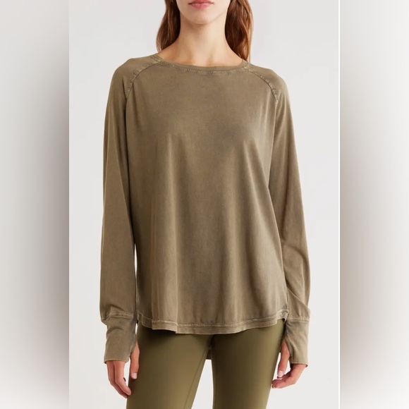 Zella Tops - NEW [Zella] Relaxed Washed 2.0 Long Sleeve Athletic Slub Tee Olive Women’s Small